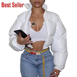 Cropped Puffer Jacket Shiny Zip Up Winter Bubble Coat Chic Y2K Style